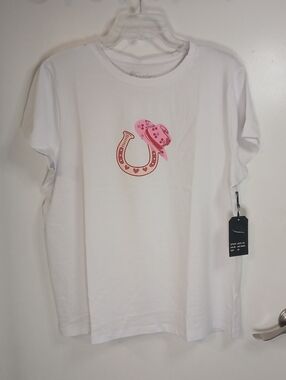 White Short Sleeve Pink Horseshoe & Cowboy Hat Stretch Baby Tee 2X New!